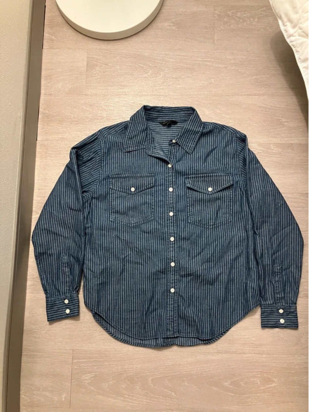 Banana Republic Womens S Railroad Stripe Denim Shirt Button Up Flap Pockets